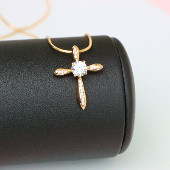 "Elegant Cross Pendant with Center Solitaire in Rose Gold Finish, XPPT1828 - Picture 4 of 13